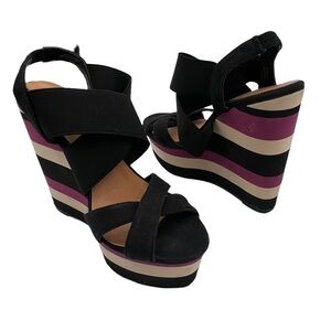 Madden Girl Black Purple Cappe Slingback Platform Wedge Sandals Size 7 Women’s